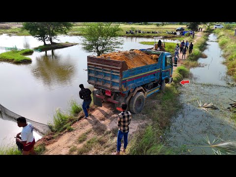 Proceed carefully Start Landfill Near canal Using Dozer Pushing & Truck 5Ton Dumping Soil, Mix VDO