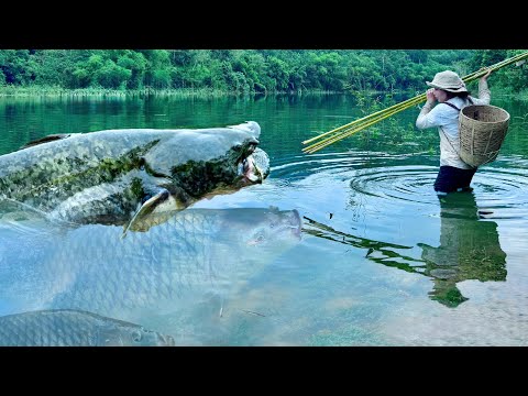 Traditional Fishing Skills - Single Mother Catches Giant Fish in the Deep, Scary River