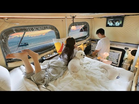 마지막이 될 줄 몰랐던 시한부 3개월 11살 강아지와 캠핑카 타고 한적한 바닷가 앞 캠핑