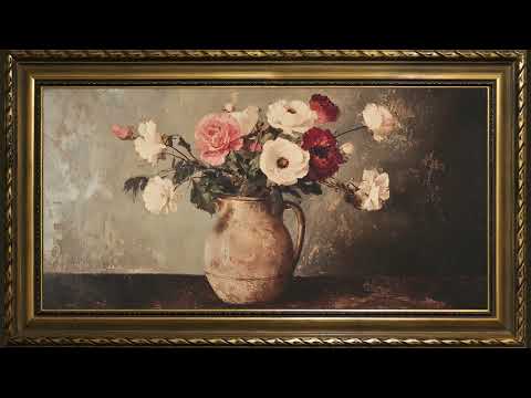 Rustic Floral Still Life Antique Vase, Vintage Oil Painting | Gold Framed Art Screensaver for TV
