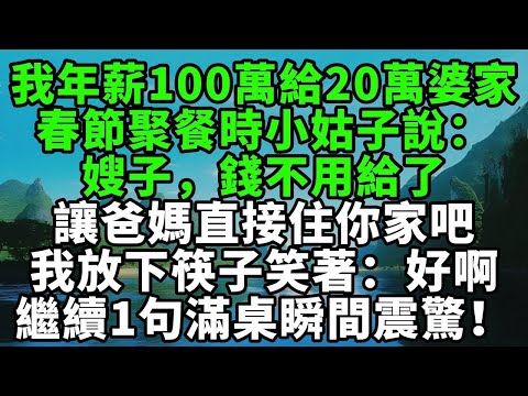 我年薪100萬每年給20萬婆家，春節聚餐時小姑子說：嫂子，錢不用給了，讓爸媽直接住你家吧，我放下筷子笑著掏出手機：好啊，繼續1句話滿桌瞬間鴉雀無聲！【風鈴故事集】#完結故事#情感故事#爽文#婆媳