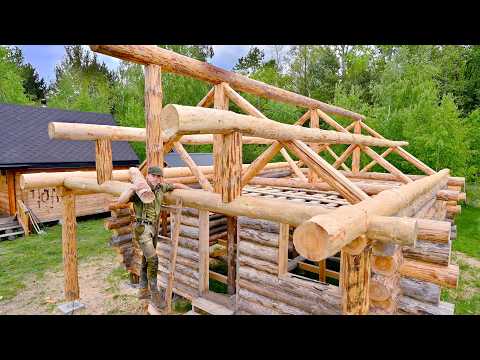I Alone Building a Log Cabin Massive Porch Overhang and ROOF in the Forest