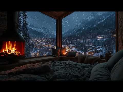 Tranquil Snowstorm Nights | Cozy Fireplace Ambience and Snow Sound for Rest, Deep Sleep & Relaxation