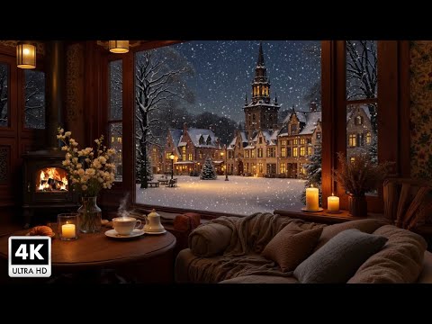 Beautiful Winter Night With Gentle Snowfall ☃️ Jazz Piano Music And Warm Fireplace Helps Relax