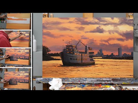Painting a ferry at sunset with acrylics