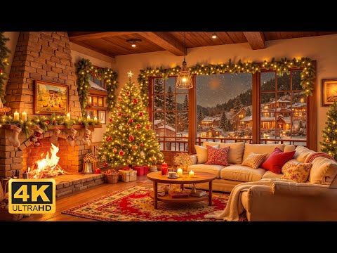 Christmas Background Piano Music with Warm Crackling Fireplace to Relax 🎄🔥 Christmas Cabin Ambience