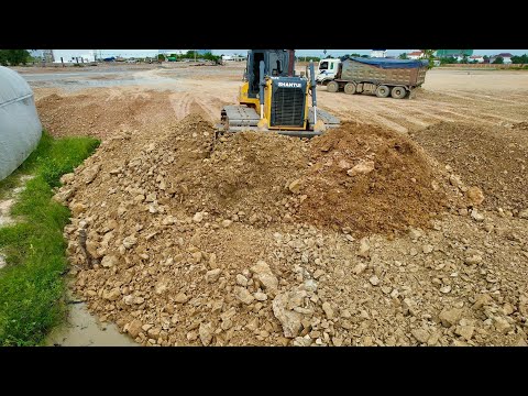 Powerful SHANTUI Bulldozer Pushing soil Filling land with Heavy Dump trucks pouring