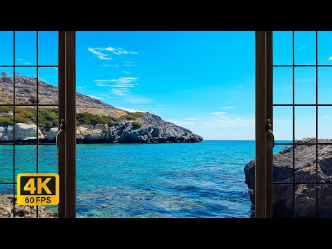 4K sunny Greece Beach window view - Relaxing, Calming, Ambience