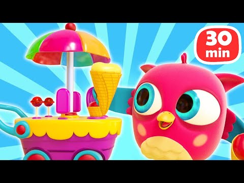 Hop Hop the owl repairs the broken wheel of a toy ice cream car and have fun with Peck Peck.