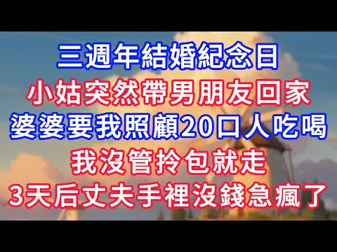 三週年結婚紀念日，小姑突然帶男朋友回家，婆婆要我照顧20口人吃喝，我沒管拎包就走，3天后丈夫手裡沒錢急瘋了！#為人處世#生活經驗#情感故事#故事#小說#戀愛#情感#婚姻