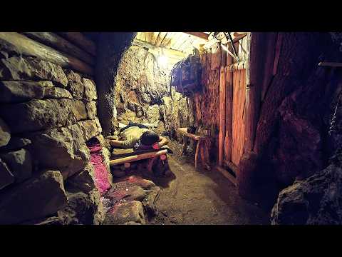 Inside a Tree: Primitive Bushcraft Camping & Winter Survival Shelter (ASMR, No Talking)