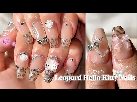 レオパードキティちゃんネイル≽^•༚• ྀིྀ≼∘₊✧♡｜セルフネイル｜ASMR｜長さだし