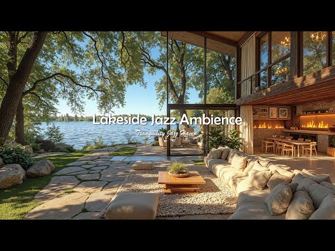 Cozy Soft Jazz Music In Garden Courtyard | Lakeside Jazz Ambience With Fireplace To Focus & Relaxing