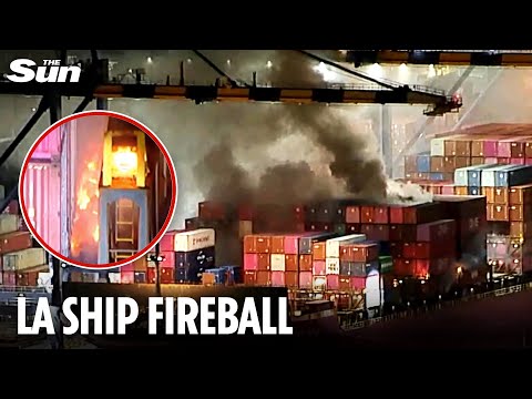Huge inferno engulfs cargo ship & sparks EXPLOSION at LA port as 'major emergency' declared