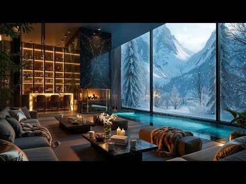 Tranquil Moutain Forest Cafe ❄️ Cozy Indoor Ambience with Jazz Relaxing Music & Snowfall for Focus