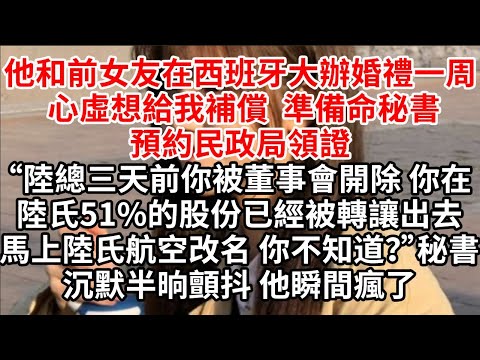 他和前女友在西班牙大辦婚禮一周 心虛想給我補償，準備命秘書預約民政局領證“陸總三天前你被董事會開除，你在陸氏51%的股份已經轉讓出去，你不知道？”秘書沉默半身顫抖 瞬間瘋了