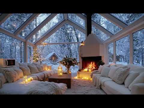🔥🎼 Warm Cozy Piano Lounge | White Room Crackling Fire & Snow Outside 🎹 | Calm Relax Study Focus
