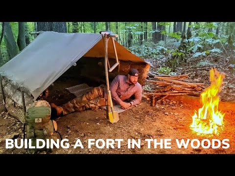 Solo Overnight Building a Fort in The Woods Part 1 and Bacon Wrapped Sausage