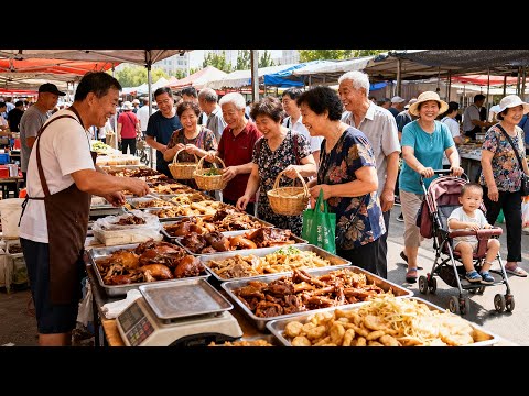 中国天津超级热闹的早市，中国汉堡，天津脆皮炸糕，烧饼夹里脊，蜂蜜槽子糕，四合面大煎饼，正宗天津煎饼果子，老味卷圈，老味羊杂，八宝菜，炒红果，猪肘饭，芝麻酱凉皮