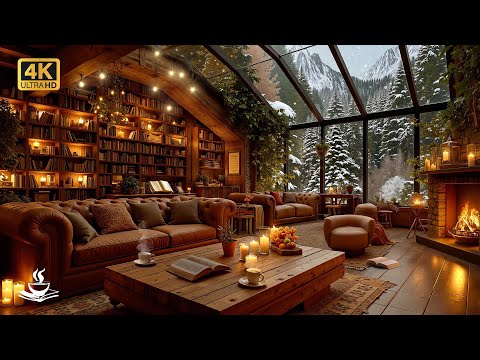 Cozy Jazz Library Ambience ❄️ Winter Reading Escape with Soft Snowfall & Warm Candle Glow Atmosphere