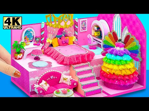 Make Rainbow Princess Wedding Dress Displayed in Luxury Dream Pink Castle ❤️ DIY Miniature House