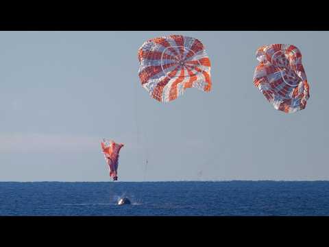 Full Artemis II re-entry to Earth, splashdown landing & crew recovery from Orion post-moon mission