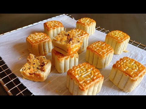 曲奇酥皮月饼（咸蛋黄+肉松馅儿） popular  Mooncake recipe  咸香回甜 酥脆掉渣 不用转化糖浆