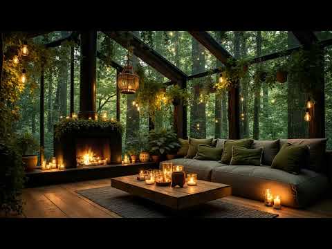 Cozy Cabin Ambience with Heavy Rain 🌲 Smooth Jazz & Fireplace for Studying, Reading, Working