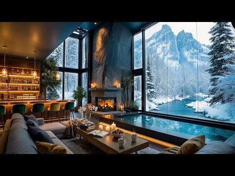Tranquil Living Room Ambience with Elegant Jazz Music ❄️ Warm Fireplace & Snowfall for Relax, Work