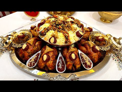 الجديد في فن الضيافة الدجاج العجيب مرفوق بالروز مرصع بالجواهر ومخضر بماطيشة معسلة بطريقتي الخطيره