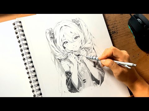 Hatsune Miku Full Drawing Process | Draw along with Kenan | Relax Music | No Talk No Edit | 2x speed