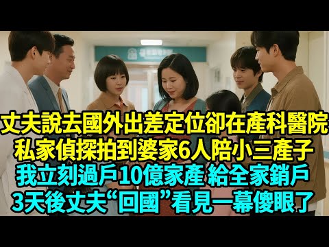 丈夫說去國外出差定位卻在產科醫院,私家偵探拍到婆家6人陪小三產子,我立刻過戶10億家產,給全家銷戶,3天後丈夫“回國”看見一幕傻眼了...#人生新篇章