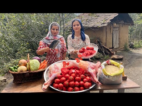 Cooking a Full Lamb and Tomatoes Under Pilaf Recipe Outdoor in the Village