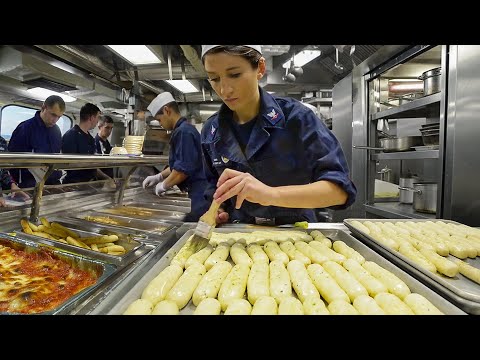 Inside a US Navy Ship’s Kitchen During Rush Hour at Sea