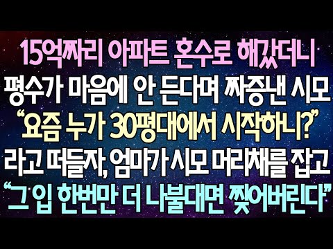 (반전 사연) 15억짜리 아파트 혼수로 해갔더니 평수가 마음에 안 든다며 짜증낸 시모 라고 떠들자, 엄마가 시모 머리채를 잡고 “그 입 한번만 더 나불대면 찢어버린다" /사이다사연