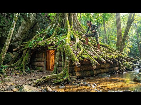 Using Primitive Tools To Build A Survival Shelter, 20 Days Surviving Alone In The Forest, Bushcraft