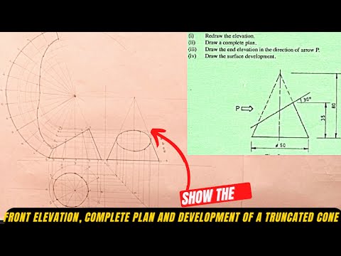 Truncated Cone showing the development,front elevation, complete plan and end view
