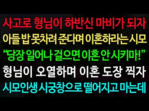 실화사연-사고로 형님이 하반신 마비가 되자 아들 밥 못차려 준다며 이혼하라는 시모 “당장 일어나 걸으면 이혼 안 시키마!” 형님이 오열하며 이혼 도장 찍자 시모인생 시궁창으로