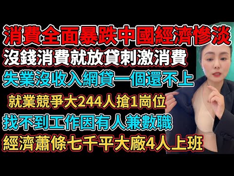 消費全面暴跌中國經濟慘淡，消費低迷不倒閉就不錯了，窮的工作找不到過年必冷清，靠打工掙錢養不起家，沒錢消費就放貸刺激消費，找不到工作因有人兼數職，就業競爭大244人搶1崗位，經濟蕭條七千平大廠4人上班