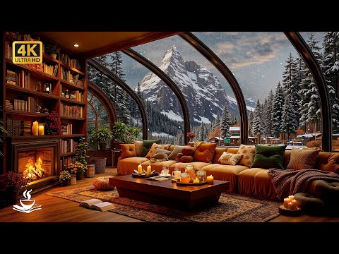Cozy Winter Jazz Library ❄️ Snowy Reading Room Ambience with Relaxing Fireplace & Soft Night Jazz