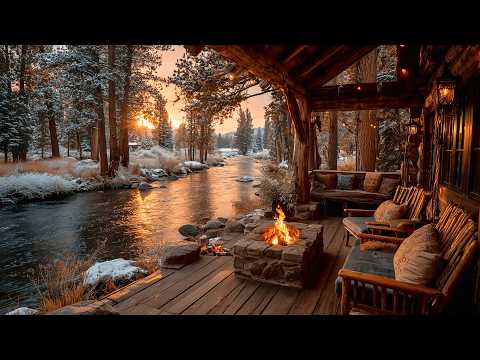 Relaxing Winter Morning Riverside Cabin Porch Firepit & Nature Sounds Ambience