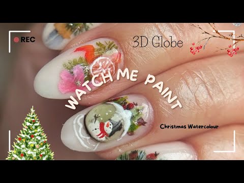 Watch me Paint - Christmas Watercolour Nails | Gina Watercolour Palette | 3D Globe