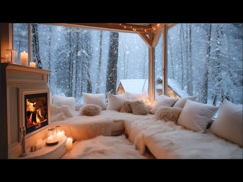 Peaceful Blizzard Cabin Piano Ambience | Winter Storm Beyond the Window & Warm Fireplace | Sleep