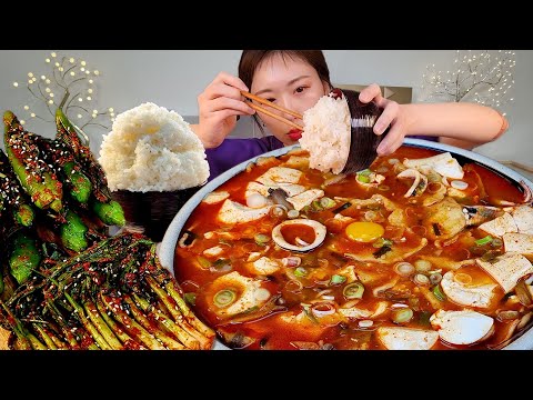 ASMR 오징어 순두부 수제비 파김치 고추김치 리얼먹방 :) homemade squid soft tofu stew, Red pepper kimchi MUKBANG