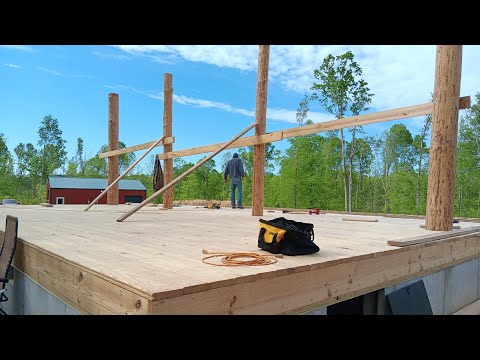 Log cabin subfloor. Building a cabin in the woods.