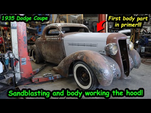 Sandblasting and priming our 1935 Dodge coupe hood.