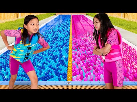 Charlotte & Eva Pink vs Blue Pool Battle! Fun Kids Story