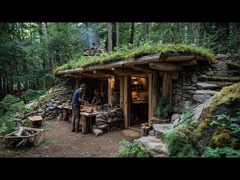 Primitive Stone Shelter on the Mountain | Building, Cooking & Living in the Wild