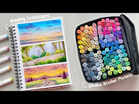 🌷drawing landscapes using alcohol markers 🌅 unboxing new art supplies! ✨ ft. ohuhu