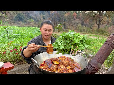 今天炖一锅麻辣牛排骨，配着新鲜的蔬菜太好吃 Today's spicy steak paired with vegetables is delicious